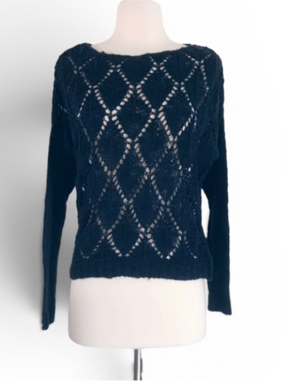 REWIND Open-Knit Crewneck Sweater SMALL Navy